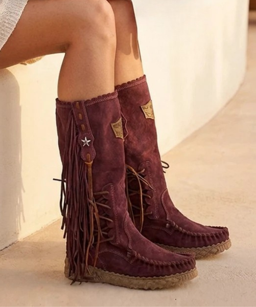 EL VAQUERO Billie Silverstone Rouge Fringe Wedge Moccasin Leather