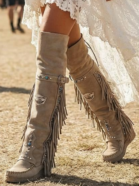 EL VAQUERO COLEEN STUDDED SILVERSTONE CORDA WEDGE MOCCASIN BOOTS