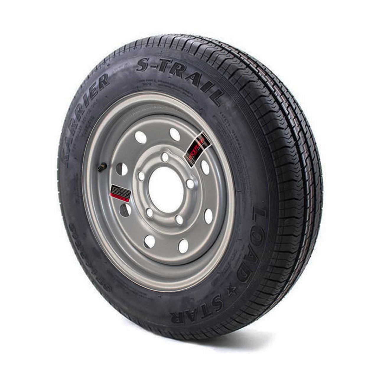 ST145/R12 Loadstar Trailer Tire LRE on 5 Bolt Silver Mod Wheel