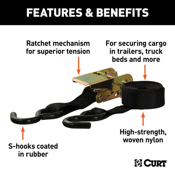 CURT 10' Black Cargo Straps with S-Hooks (500 lbs, 2-Pack) #83009