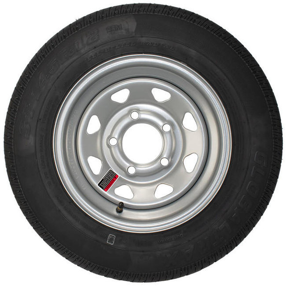 GlobalTrax ST145/R12 GlobalTrax Trailer Tire LRE on 5 Bolt Silver Spoke Trailer Wheel