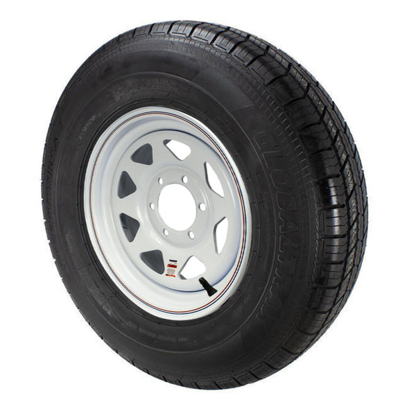 ST225/75R15 GlobalTrax Trailer Tire LRE on 6 Bolt White Spoke Wheel with Pinstripes