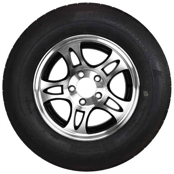 ST205/75R14 GlobalTrax Trailer Tire LRC on 5-Bolt Aluminum T03 Wheel - Black Inlay - (DOT Date 28/22)