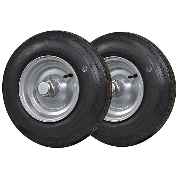 2 Pack - 4.80X8 GlobalTrax Trailer Tire LRC on 8X3.75” Integral Wheel for Log Splitter Trailers, Concrete Mixer Trailers, Light Duty Trailers with 1” Bearings, Grease Seal, and Cap - Silver