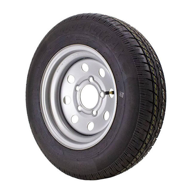 ST145/R12 GlobalTrax Trailer Tire LRE on 5 Bolt Silver Mod Wheel