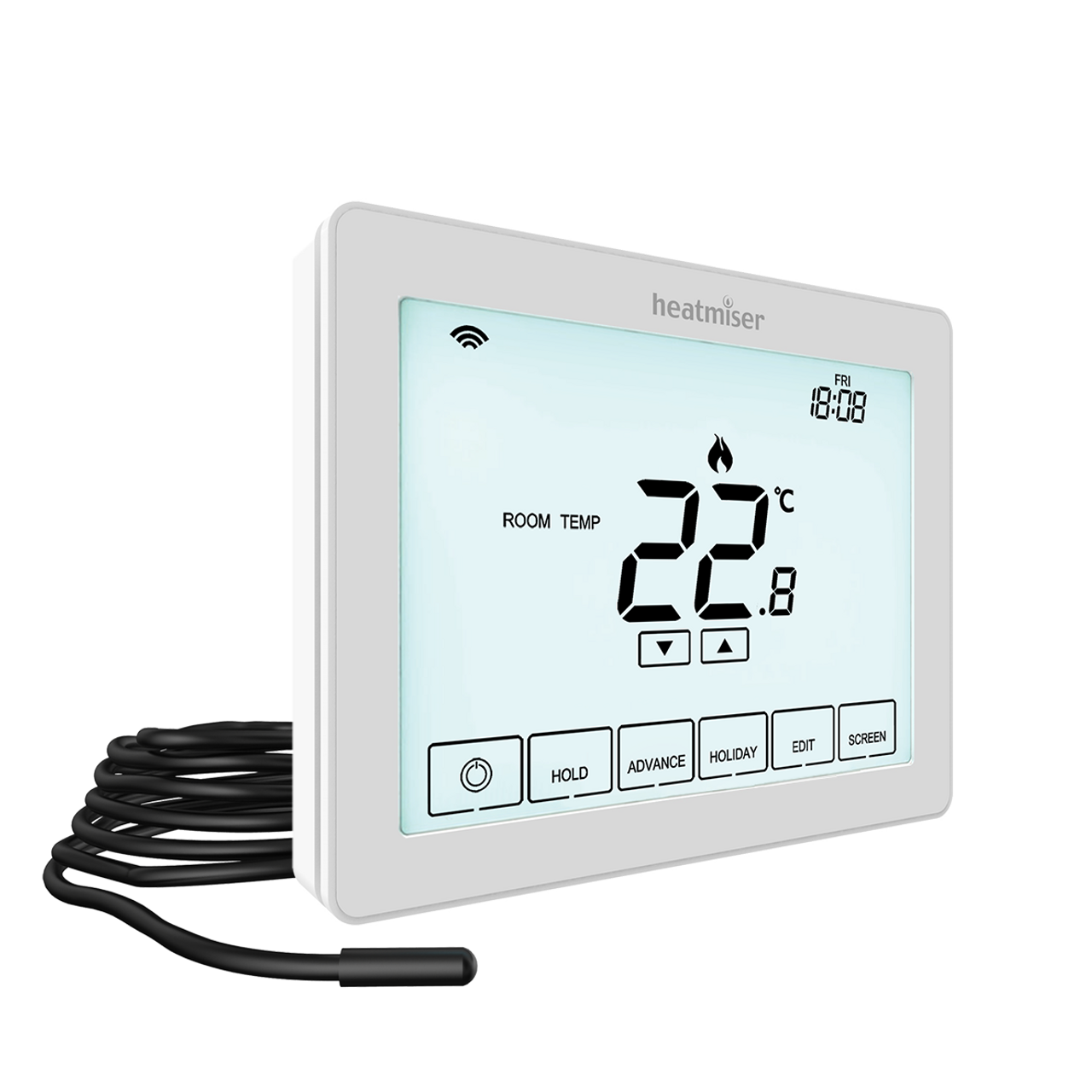 White version of the neo touch screen thermostat designed for use with electric underfloor heating systems or other electric heat emitters such as towel rails. Image shows floor probe that comes as standard. White version of the neo touch screen thermostat designed for use with electric underfloor heating systems or other electric heat emitters such as towel rails. Image shows floor probe that comes as standard.