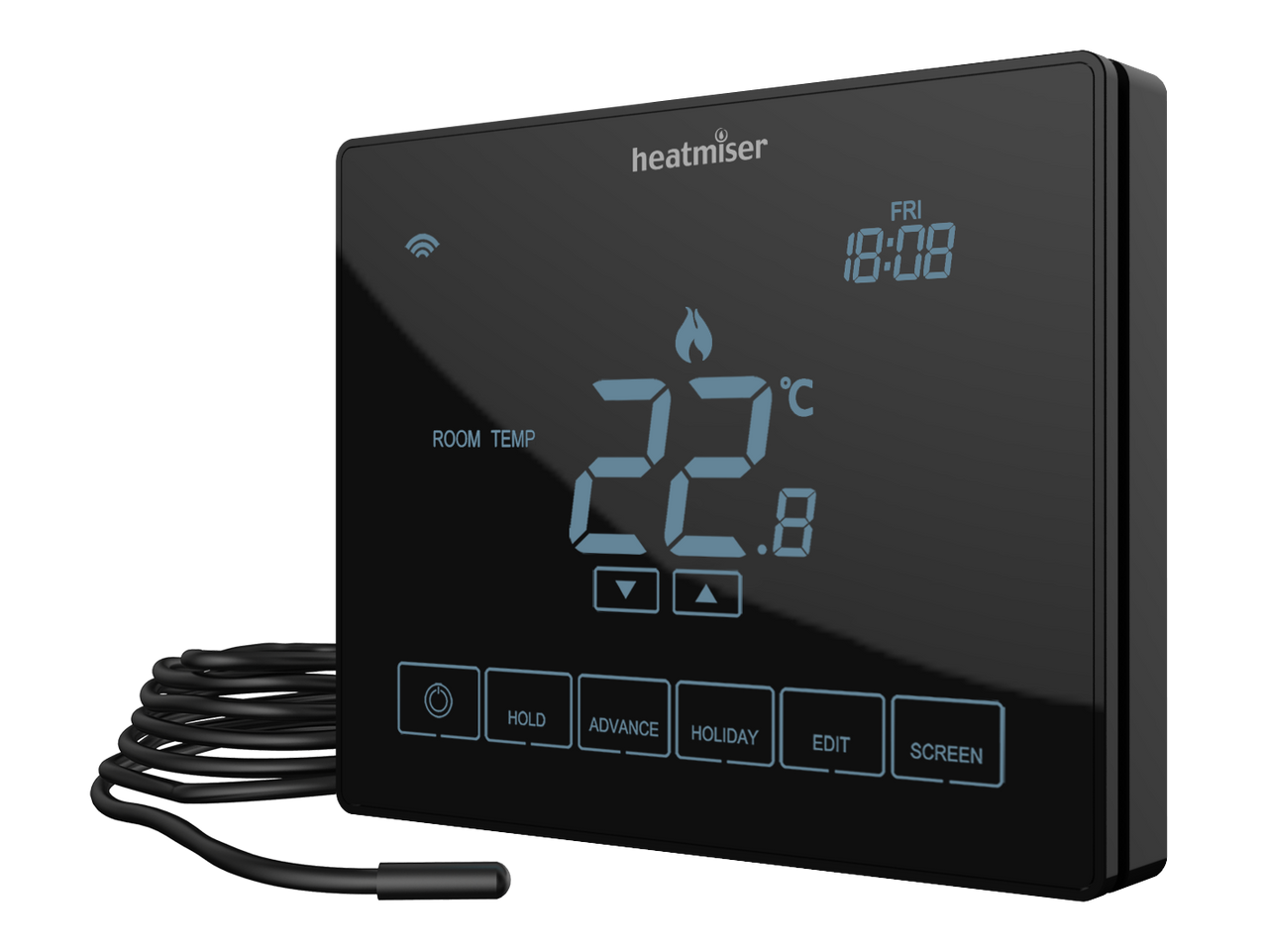 Black version of the neo touch screen thermostat designed for use with electric underfloor heating systems or other electric heat emitters such as towel rails. Image shows floor probe that comes as standard. Black version of the neo touch screen thermostat designed for use with electric underfloor heating systems or other electric heat emitters such as towel rails. Image shows floor probe that comes as standard.