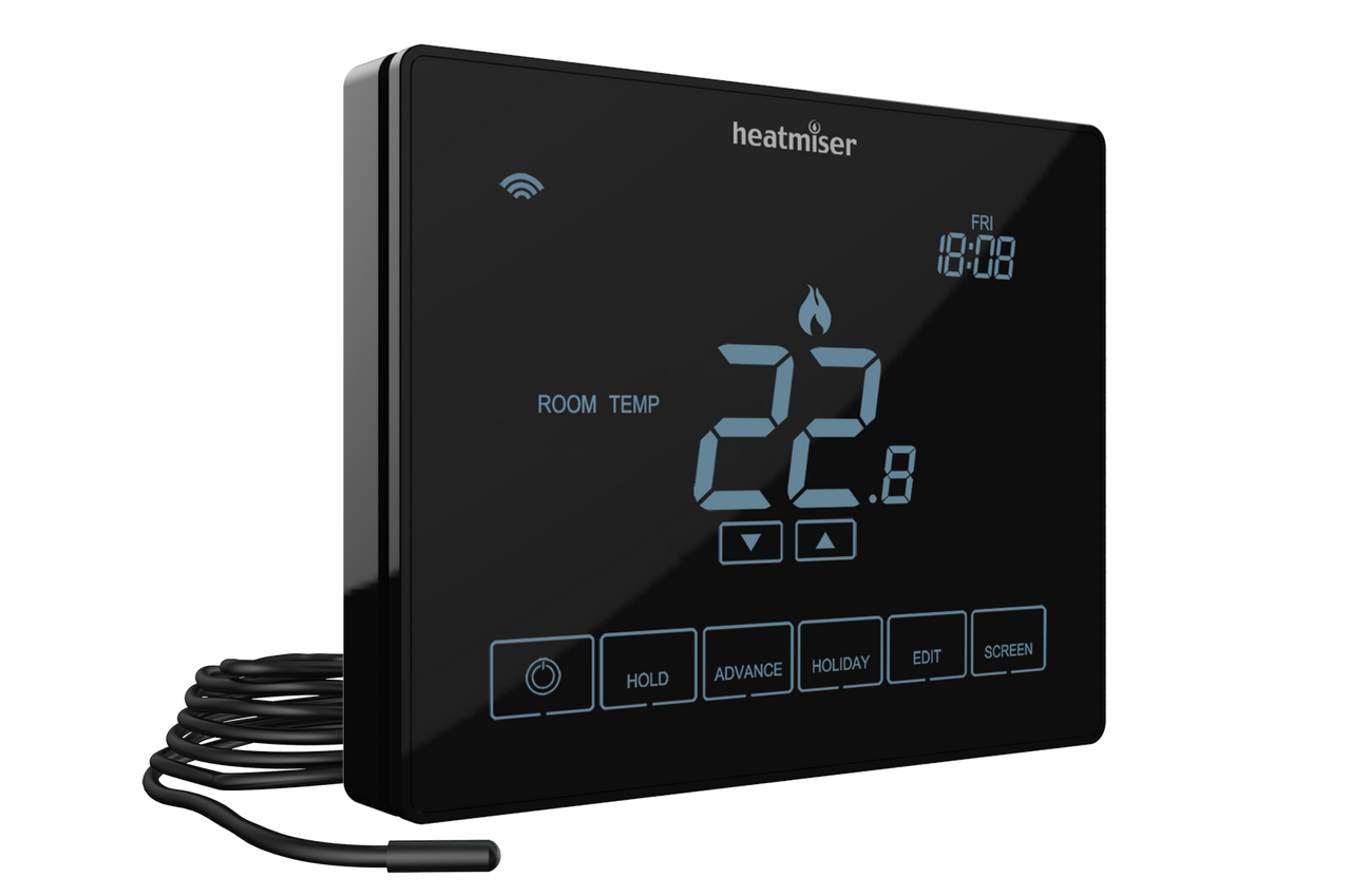 Black version of the neo touch screen thermostat designed for use with electric underfloor heating systems or other electric heat emitters such as towel rails. Image shows floor probe that comes as standard. Black version of the neo touch screen thermostat designed for use with electric underfloor heating systems or other electric heat emitters such as towel rails. Image shows floor probe that comes as standard.