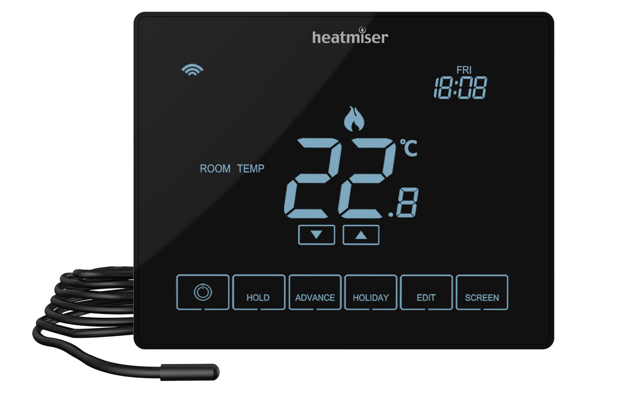 Black version of the neo touch screen thermostat designed for use with electric underfloor heating systems or other electric heat emitters such as towel rails. Image shows floor probe that comes as standard. Black version of the neo touch screen thermostat designed for use with electric underfloor heating systems or other electric heat emitters such as towel rails. Image shows floor probe that comes as standard.