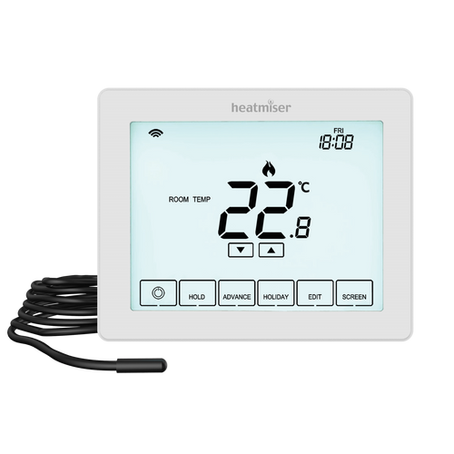 White version of the neo touch screen thermostat designed for use with electric underfloor heating systems or other electric heat emitters such as towel rails. Image shows floor probe that comes as standard.