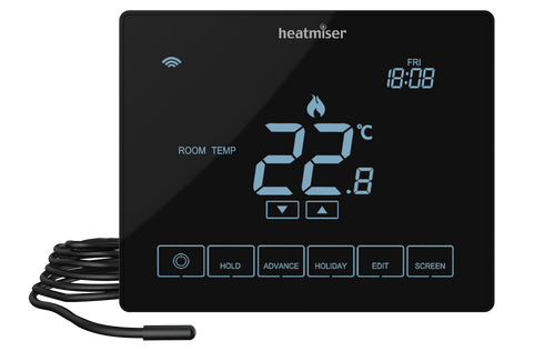 Black version of the neo touch screen thermostat designed for use with electric underfloor heating systems or other electric heat emitters such as towel rails. Image shows floor probe that comes as standard.