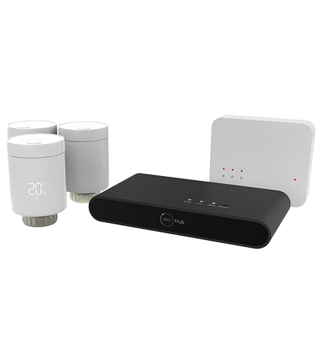 neoFlo Heating Pack with three neoFlo radiator thermostats, neoHub G3 and RF Switch
