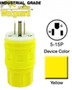 Leviton 14W47 15 Amp Watertight Plug, 125V, 5-15P, Rubber, Yellow, Grounding