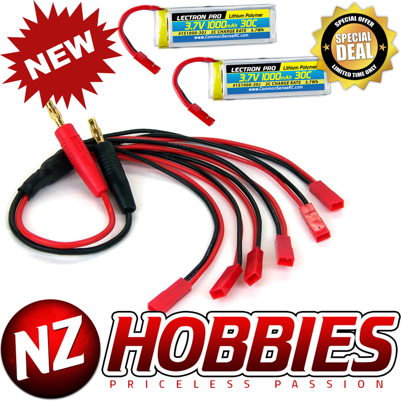 LECTRON 1S 3.7V 1000mAh 30C (2pcs) Lipo Battery w/Parallel Charging Adapter for 6 Lipos NZ HOBBIES