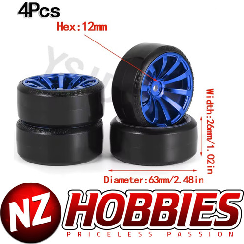 YSIDO 4PCS Hard Plastic Tire BLUE Wheel 12mm HEX for 1/10 RC Drift Cars