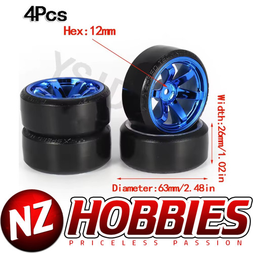 YSIDO 4PCS Hard Plastic Tire BLUE 6187 Wheel 12mm HEX for 1/10 RC Drift Cars