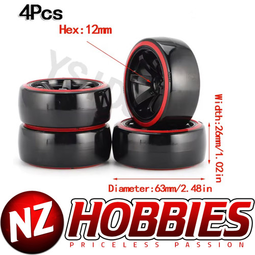 YSIDO 4PCS Hard Plastic Tire RED 6176 Wheel 12mm HEX for 1/10 RC Drift Cars