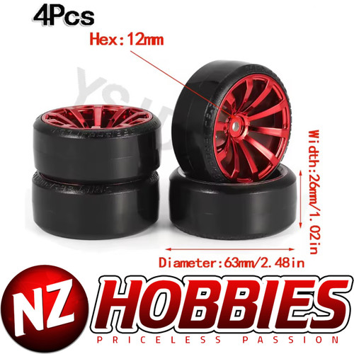 YSIDO 4PCS Hard Plastic Tire RED 6180 Wheel 12mm HEX for 1/10 RC Drift Cars