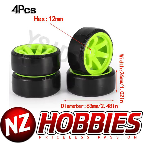 YSIDO 4PCS Hard Plastic Tire YELLOW 6184 Wheel 12mm HEX for 1/10 RC Drift Cars