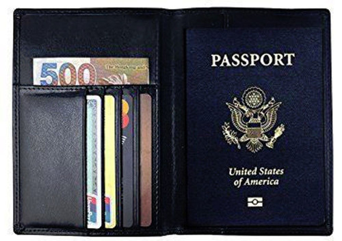 New Bifold Solid Black Genuine Leather Passport Cover Travel ID Card Wallet