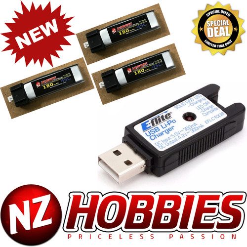 Combo NZ HOBBIES 1S 3.7V 180mAh 45C (3pcs) Lipo Battery w/USB Charger