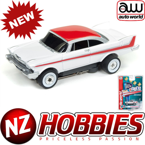 AUTO WORLD THUNDERJET ULTRA G R22 1958 PLYMOUTH BELVEDERE (WHITE/RED) HO SCALE SLOT CAR
