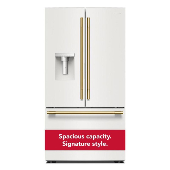 Kitchenaid® 30 Cu. Ft. 36-Inch French Door Refrigerator with Exterior Water and Ice Dispenser and Wood-Look Sliding Tray in Porcelain White KRFF436SPL