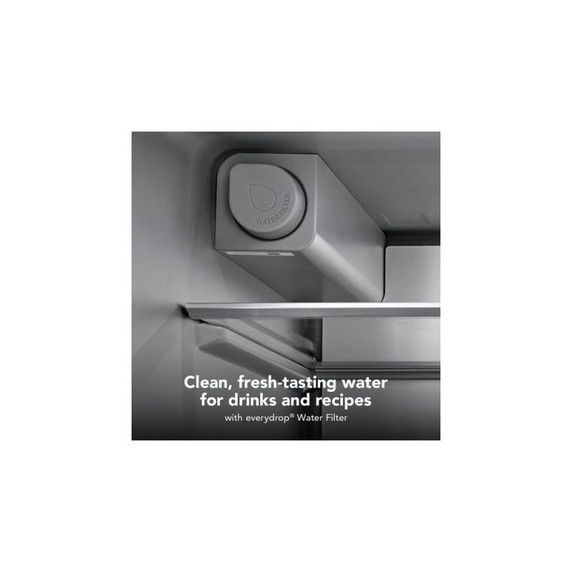 Kitchenaid® 30 Cu. Ft. 36-Inch French Door Refrigerator with Exterior Water and Ice Dispenser and Wood-Look Sliding Tray in Porcelain White KRFF436SPL