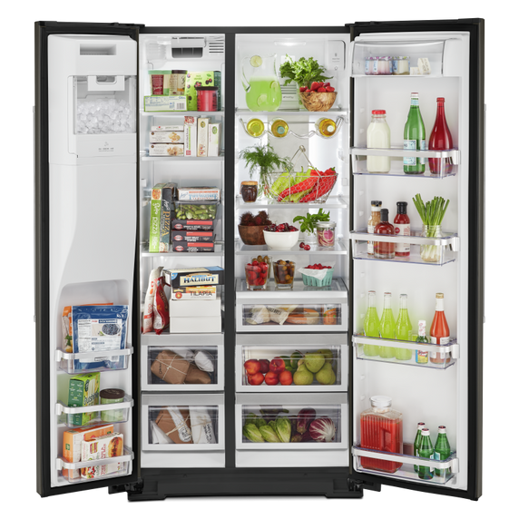 Kitchenaid® 22.6 cu ft. Counter-Depth Side-by-Side Refrigerator with Exterior Ice and Water and PrintShield™ finish KRSC703HBS