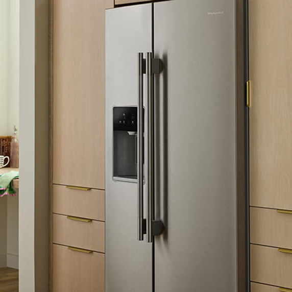 Kitchenaid® 20.8 Cu. Ft. Counter-Depth Side-by-Side Refrigerator with Exterior Ice and Water Dispenser in PrintShield™ Finish KRSC536RPS