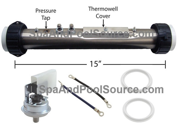 Sundance Spas New Version Spa Heater 15" Stainless Kit With Gaskets, Pressure Switch, Union, Wires Replaced Obsolete 230V 5.5KW Model 26-0071X-XXX E330152