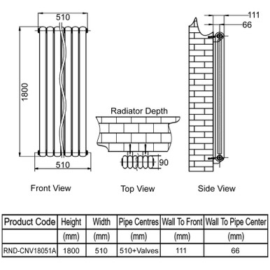 Reina Coneva Vertical - Anthracite - Mild Steel Radiator - 1800mm x 510mm