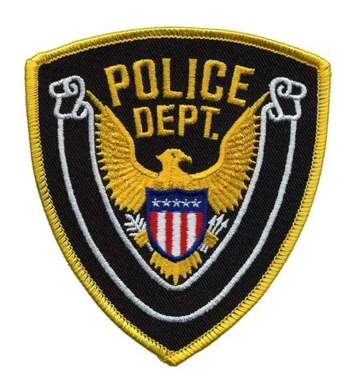 POLICE DEPT., Eagle w/Blank Scroll, Medium Gold Border on Midnight Twill, 4x4-3/8"