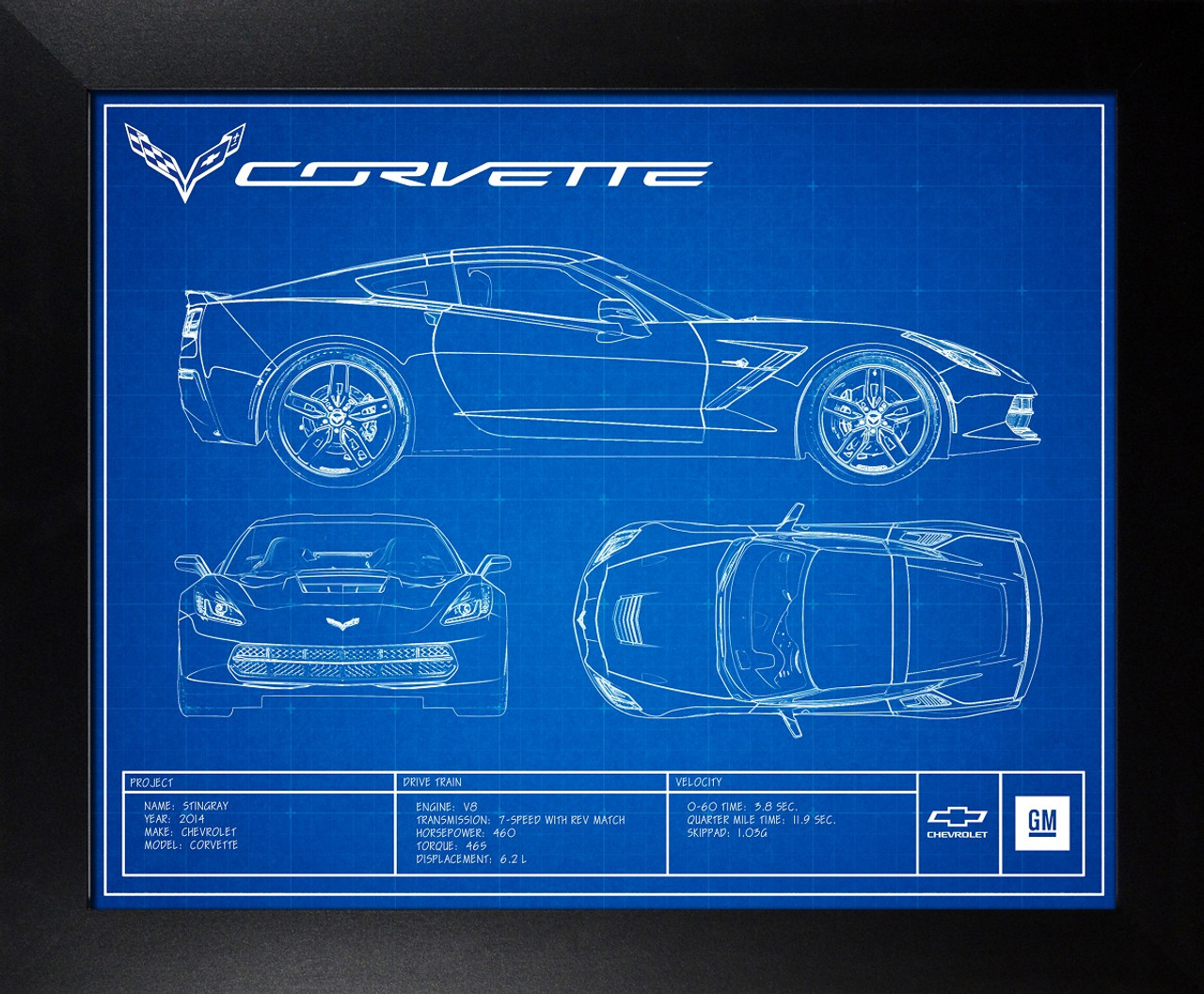C7 Corvette Blueprint Framed Canvas Picture