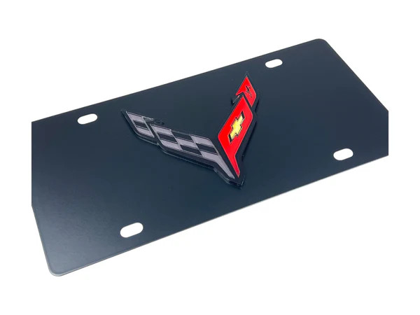C8 Corvette Carbon Stainless Steel License Plate - Black Outline - angled zoom