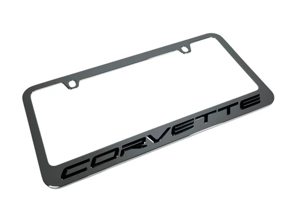C8 Corvette Black Script Chrome License Plate Frame - angled
