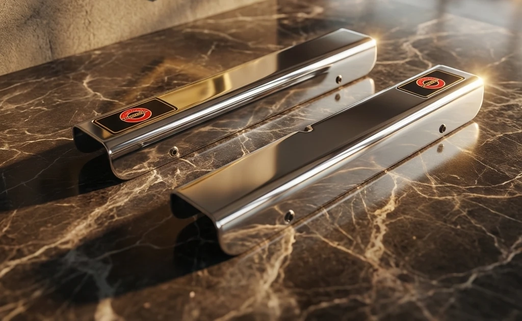 C4 Corvette Door Sill Covers - Chrome - Pair on Showroom Table