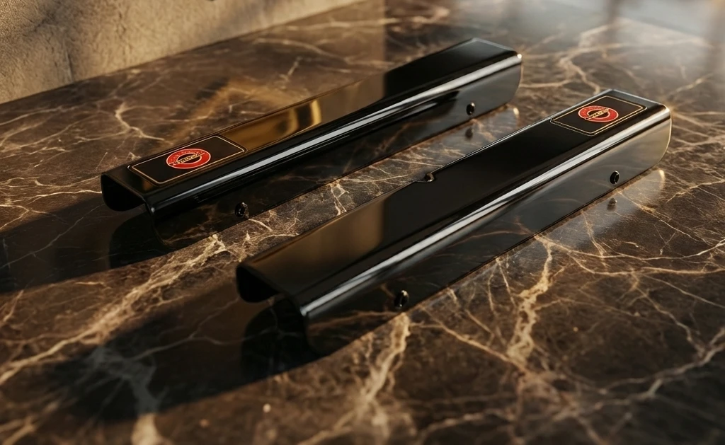 C4 Corvette Door Sill Covers - Anodized Black - Pair on Showroom Table