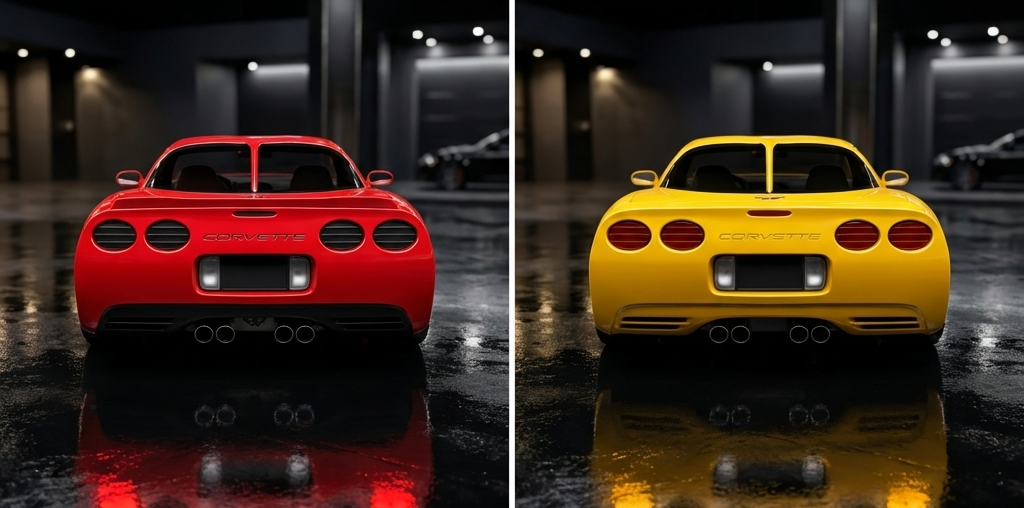 C5 Corvette Color Match Split Window Trim - side by side red / yellow Vette