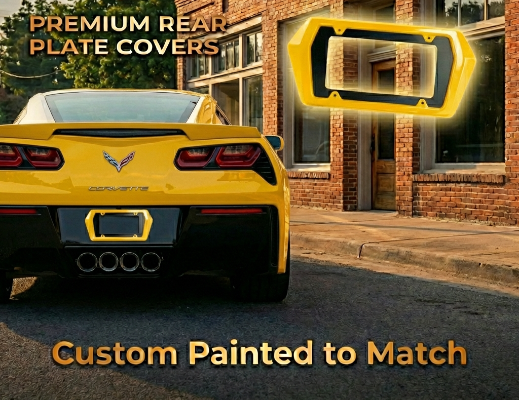 C7 Corvette Color Match Boomerang License Plate Frame - Yellow frame on Vette