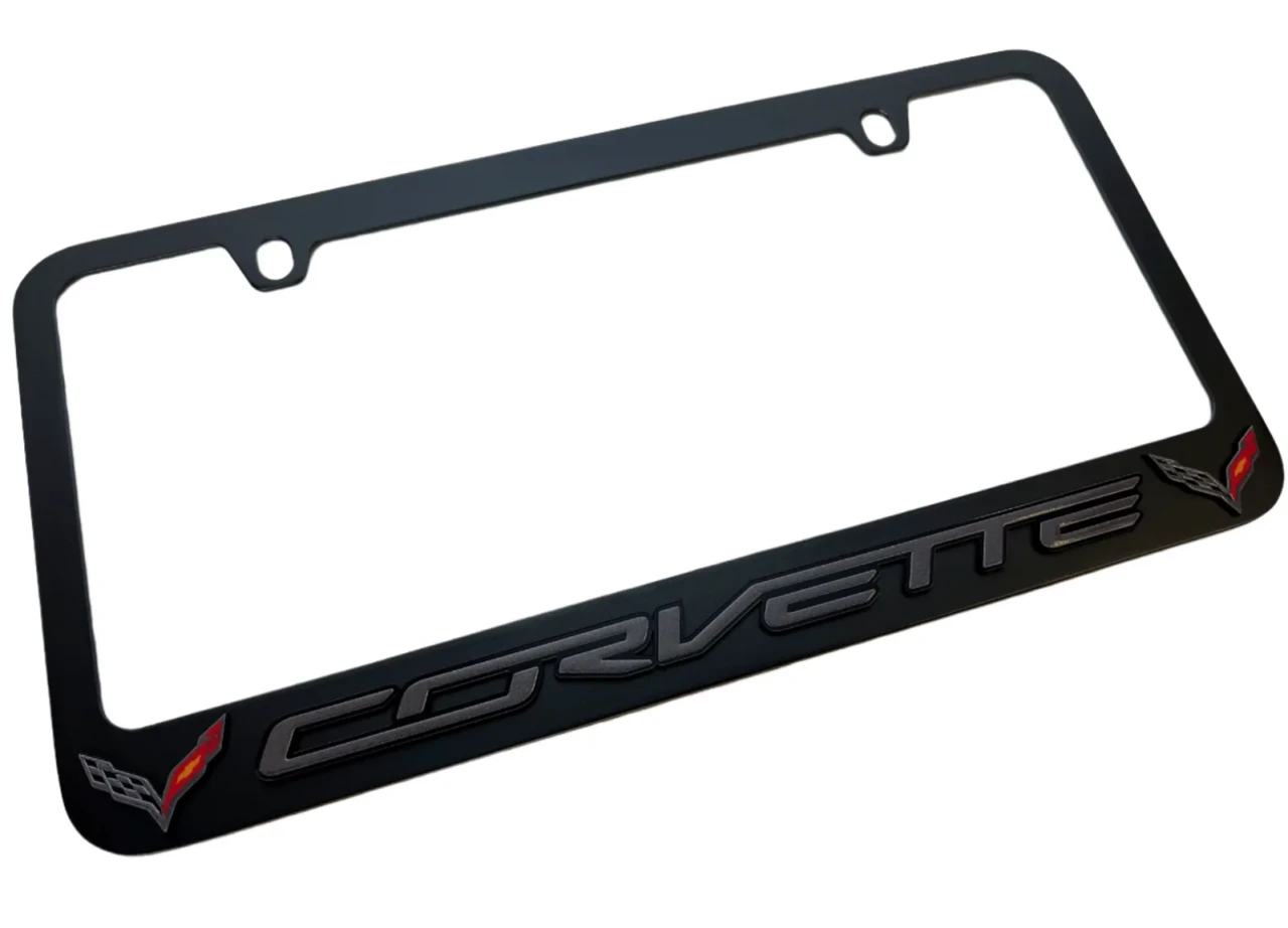 C7 Corvette Black License Plate Frame - Logo/Script (angled)