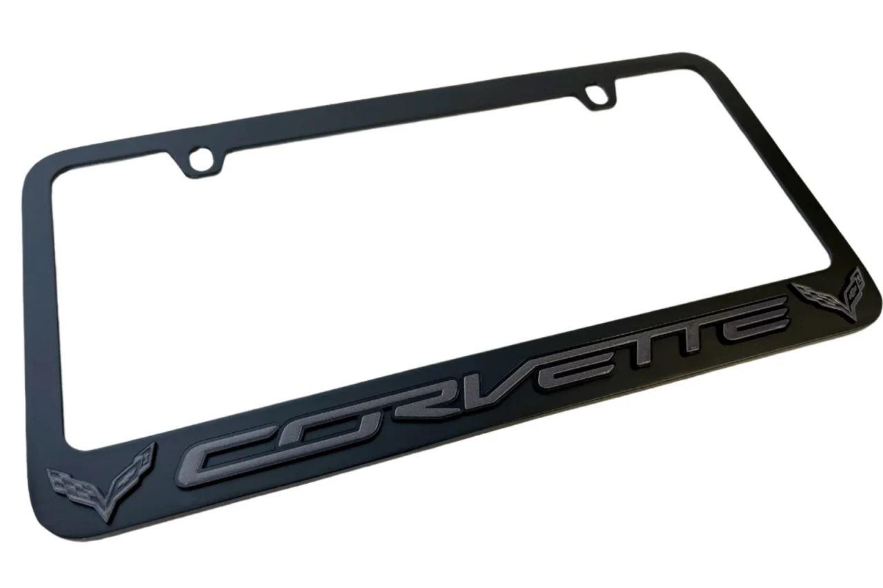 C7 Corvette Black License Plate Frame - Dark Logo/Script - angled