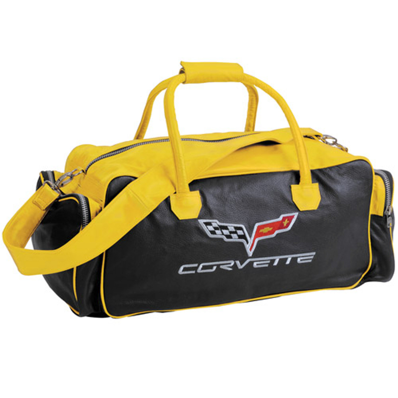 yellow leather duffle bag