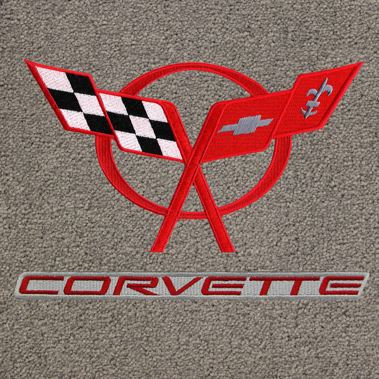 C5 Red Logo, Red Letters, Gray Background