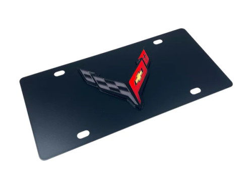 C8 Corvette Carbon Stainless Steel License Plate - Black Outline - angled