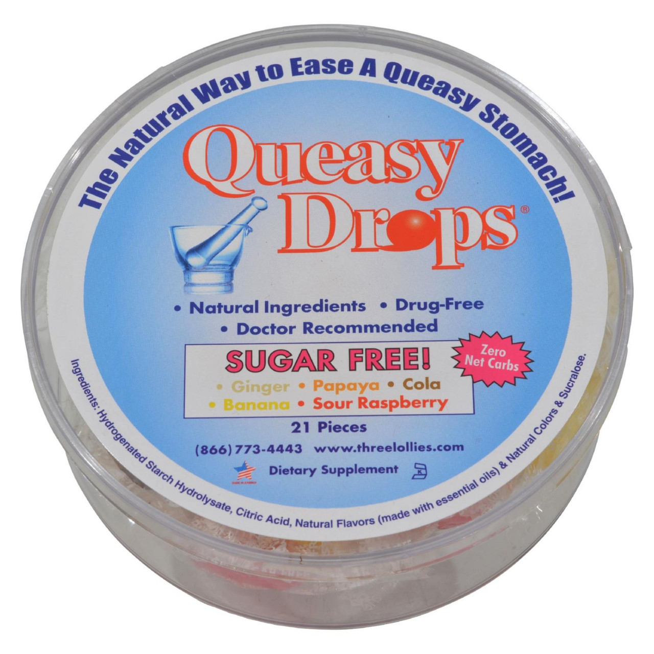 Three Lollies Queasy Drops - Cola Flavor - Relief From Nausea & Travel Sickness, Soothes A Dry Mouth & Settles Stomach - Natural Ingredients - 32 Ct