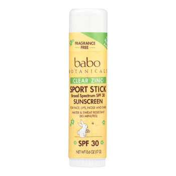 Babo Botanicals - Clear Zinc Sport Stick - Unscented Spf 30 - .6 Oz - Case Of 12