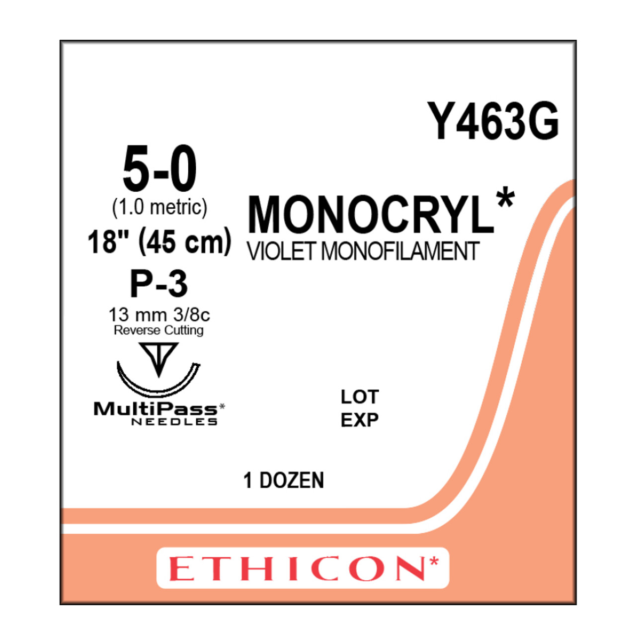 Ethicon Y463G Monocryl Suture, 5-0, Absorbable, P-3, Violet