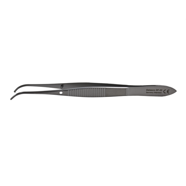 Delasco DF-22 Eye Dressing Forceps 4 in, 1/2 Curved 1.5mm Serrated
