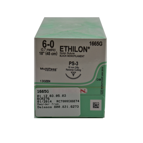 Ethicon 1665G Ethilon Nylon Suture 6, 6-0, Black Monofilament, 18"